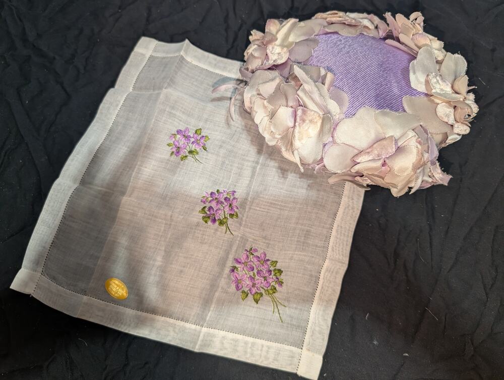 Vintage Lavender Floral Cocktail Hat & Madeira Embroidered Linen Hankie Set